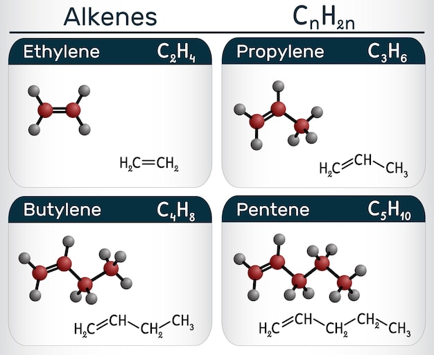 Série homologue d'alkenes thène propène butène pentène structures moléculaires et modèles vecteur