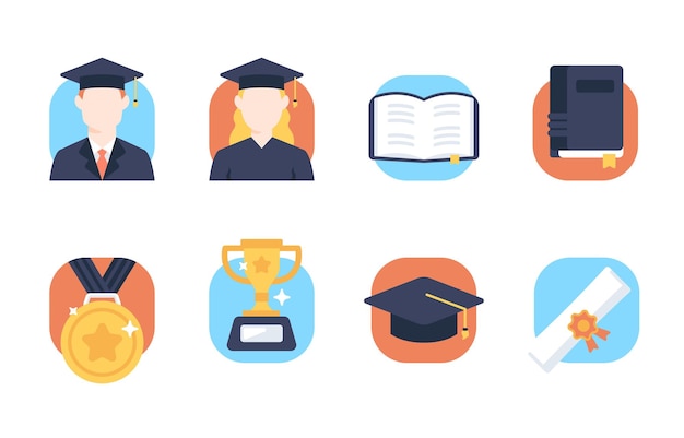 une série d'images de casquettes de graduation et un livre avec un crayon au milieu