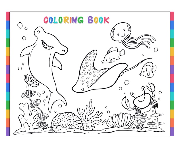 Vecteur série de livres de coloriage sous-marins à colorier requin marteau et coraux