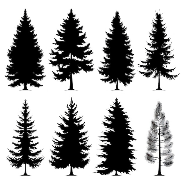 Série de silhouettes noires et blanches d'un sapin art vectoriel à fond blanc massif