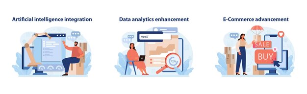 Série technologique de vente au détail présentant l'analyse de données d'intelligence artificielle et les stratégies de commerce électronique