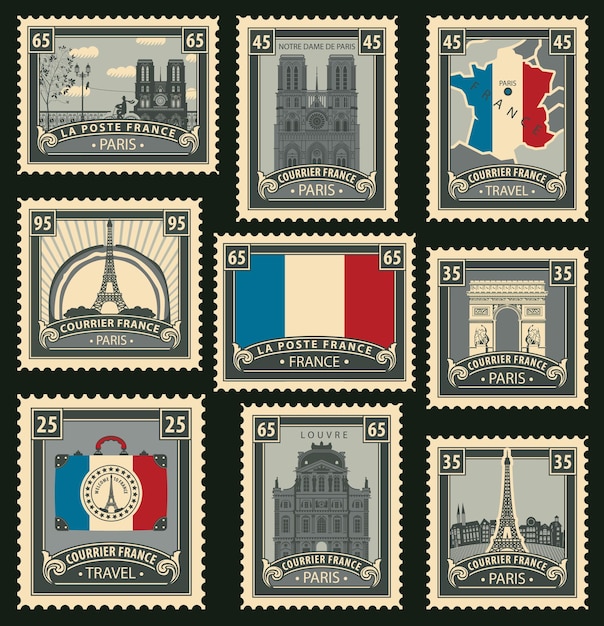 Vecteur série de timbres sur le thème de la france