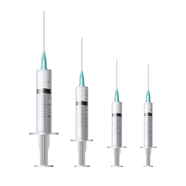 Seringue médicale. Ensemble de seringues en plastique jetables de différentes tailles pour injections sous-cutanées et intramusculaires. Illustration vectorielle.