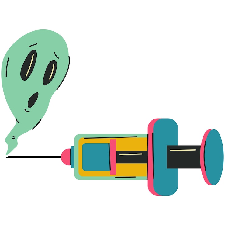 Vecteur seringue psychédélique avec autocollant de dessin animé de vecteur fantôme