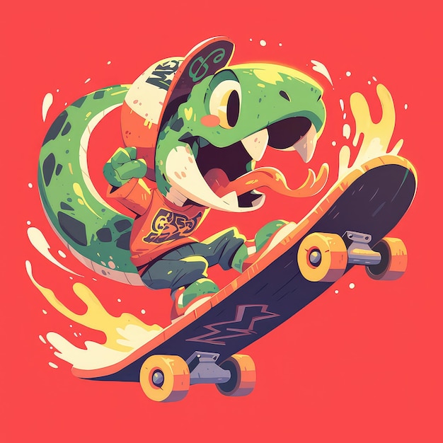 Un serpent fait du skateboard dans le style des dessins animés.