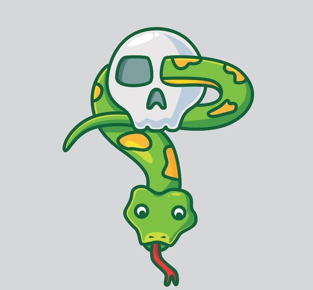 Serpent Mignon Sur Le Crâne. Illustration D'halloween Animal De Dessin Animé Isolé. Style Plat Adapté Au Vecteur De Logo Premium Sticker Icon Design. Personnage Mascotte