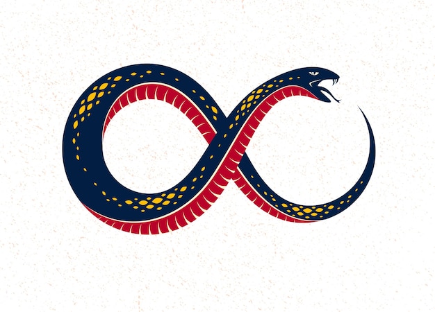 Serpent Ouroboros en forme de symbole de l'infini, cycle sans fin de vie et de mort, ancienne illustration vectorielle de symbole Uroboros, Serpent mangeant son propre conte, logo, emblème ou tatouage.