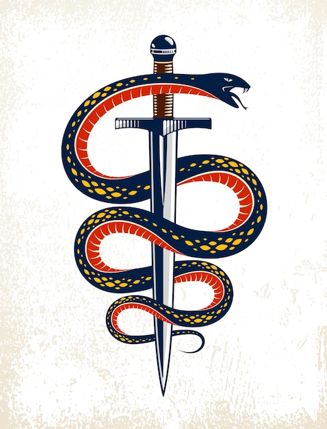 Serpent Et Poignard, Serpent S'enroule Autour D'un Tatouage Vintage De Vecteur D'épée, La Vie Est Un Concept De Combat, Un Logo Allégorique Ou Un Emblème D'un Symbole Ancien.