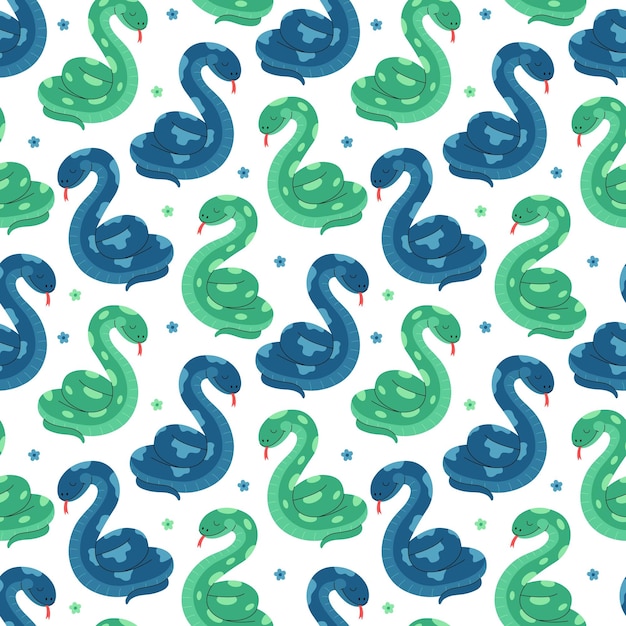 Vecteur des serpents verts et bleus, des reptiles tachetés et des fleurs.