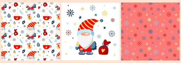 Serti De Gnome De Noël Dans Un Costume Rouge Avec Des Cadeaux De Noël Flocons De Neige Et étoiles Posterpattern