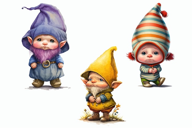 Sertie de gnomes mignons dans un style 3d Illustration vectorielle isolée