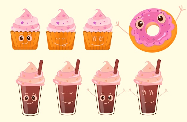 Sertie d'illustrations de joli beignet, cupcake et café avec les yeux et les mains.