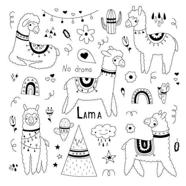 Sertie De Lamas Mignons Dans Différentes Poses Illustration Vectorielle Dans Un Style Scandinave Isolé Sur Fond Blanc Pour Votre Conception