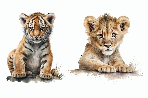 Sertie de petit lion et tigre dans un style 3d Illustration vectorielle isolée