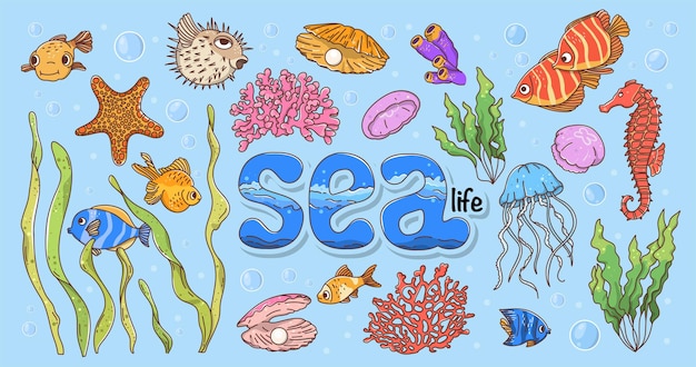 Sertie de poissons de mer et d'animaux dans le style doodle.