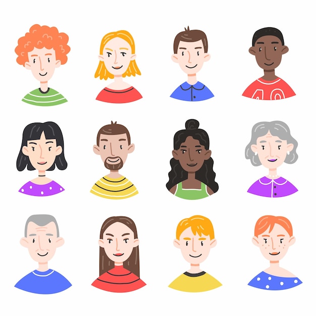Sertie de portraits de personnes différentes dans un style de dessin animé mignon isolé sur blanc