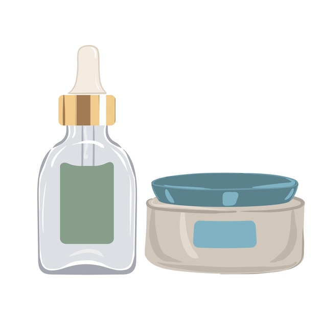 Sérum avec compte-gouttes dans une bouteille en verre transparent et crème hydratante dans un pot de luxe Illustration vectorielle