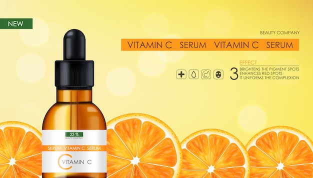 Sérum de vitamine C, entreprise de beauté, flacon de soins de la peau, emballage réaliste et agrumes frais, essence de traitement, cosmétiques de beauté