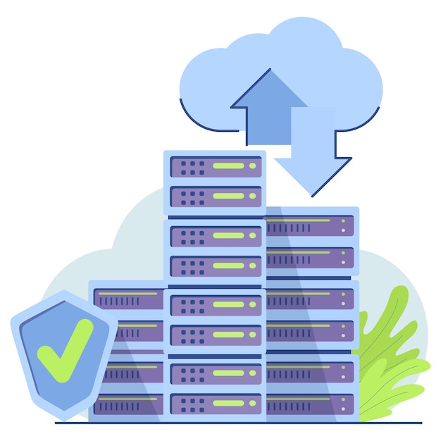 Vecteur serveur ou ordinateur serveurs défendus par un bouclier sécurité du réseau technologie cloud et mise en réseau