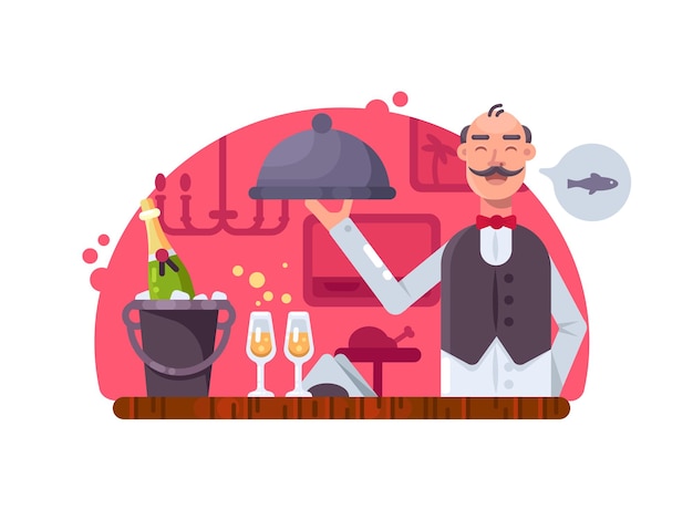 Serveur Avec Plat Près De Table Avec Champagne Au Restaurant. Illustration Vectorielle