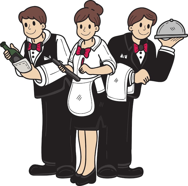 Serveuse dessinée à la main dans une illustration de restaurant dans un style doodle