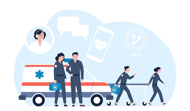 Vecteur service d'ambulance appel par smartphone à l'urgence aide médicale en cas d'accident personnages paramédicaux et voiture d'hôpital médecine mobile scène vectorielle récente illustration du service d'ambulence