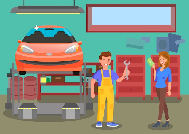 Service Auto, Illustration Couleur Plat D'atelier