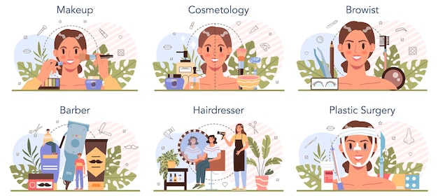 Service de beauté et ensemble de professions. Procédure de salon de beauté. Barbier et coiffeur, visagiste, browist et cosmétologue. Chirurgien plastique. Illustration vectorielle isolée