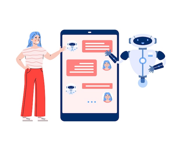 Service de chatbot avec une femme interagissant avec l'illustration du bot