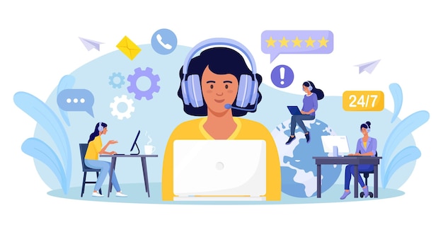 Vecteur service client. nous contacter. femme avec un casque et un microphone avec un ordinateur portable parlant avec des clients. service d'assistant personnel, opérateur de hotline conseille le client, support technique mondial en ligne