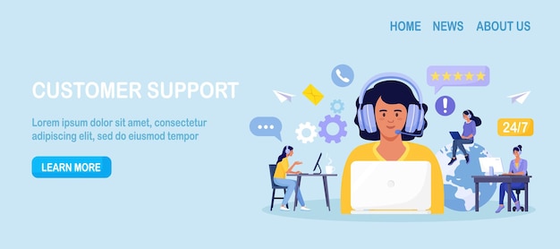 Vecteur service client. nous contacter. femme avec casque et microphone avec ordinateur portable parlant avec des clients. service d'assistant personnel, opérateur de hotline conseille le client, support technique mondial en ligne