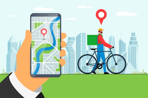 Service De Commande De Livraison De Vélos Express Concept D'application Main Tenant Un Smartphone Avec Géolocalisation Gps