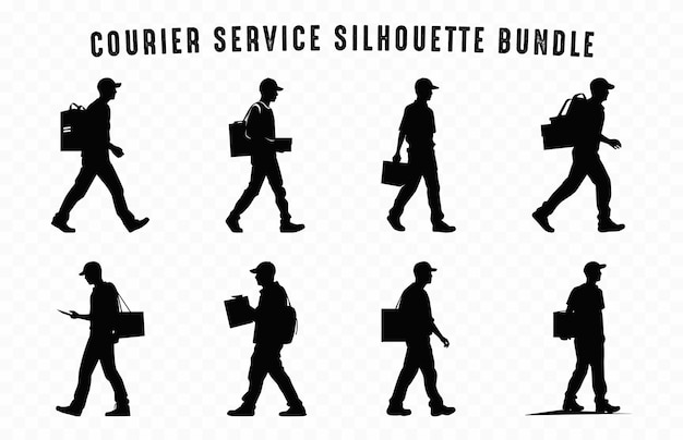 Vecteur service de courrier silhouette vector bundle livraison homme portant une boîte noire silhouettes set de cliparts