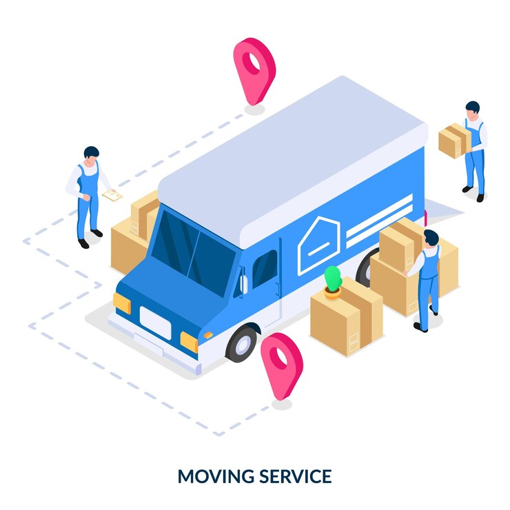 Service de déménagement. Les travailleurs chargent des boîtes avec des choses pour se déplacer vers un camion. Illustration vectorielle