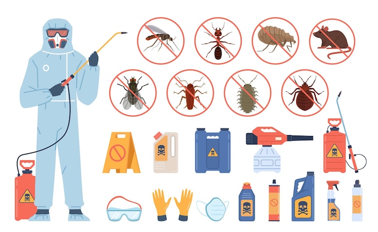 Vecteur service de désinfection homme en uniforme pulvérisant des produits chimiques antiparasitaires travailleur de lutte contre les insectes et les rongeurs avec équipement insecticide équipement de désinfection professionnel ensemble d'extermination de parasites vectoriels