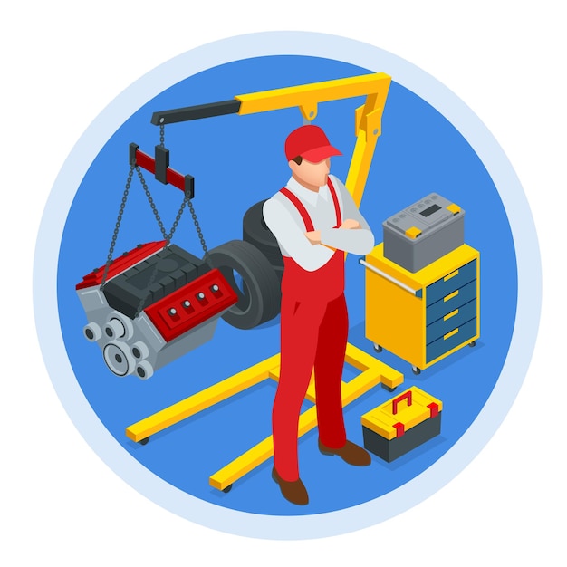 Service de diagnostic et de réparation de véhicules d'entretien de voiture isométrique service de voiture moteur de voiture