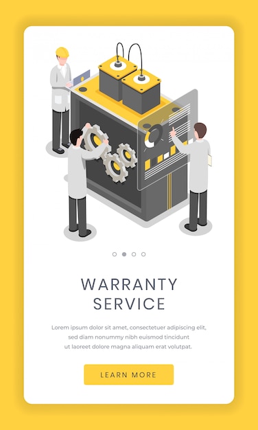 Vecteur service de garantie, écran de l'application mobile de réparation. les chercheurs en logiciels et matériels résolvent le problème