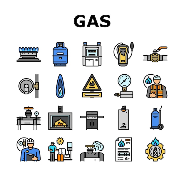 service de gaz énergie puissance carburant icônes ensemble contrôle vectoriel industrie essence entreprise essence technicien station de pompage ingénieur à la maison service de gaz énergie puissance carburant couleur ligne illustrations