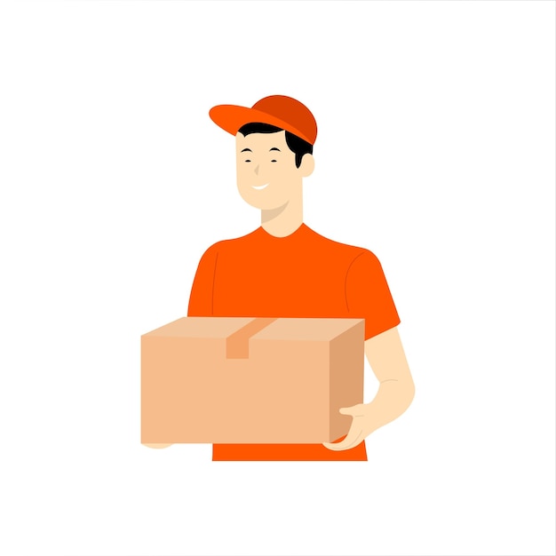 Service D'illustration Vectorielle De Colis De Livraison Rapide Service De Messagerie De Livraison Express Courrier Homme Souriant En Uniforme Orange Avec Boîte Dans Ses Mains Style Plat Eps 10