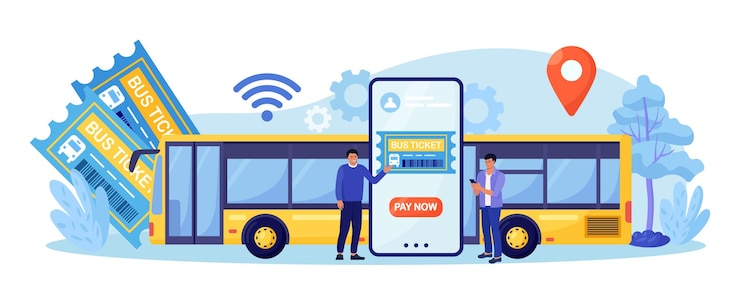 Vecteur service internet pour réserver et acheter un billet de bus concept de voyage et de tourisme planification touristique d'un voyage en ligne passagers achetant des billets pour le bus dans l'application mobile