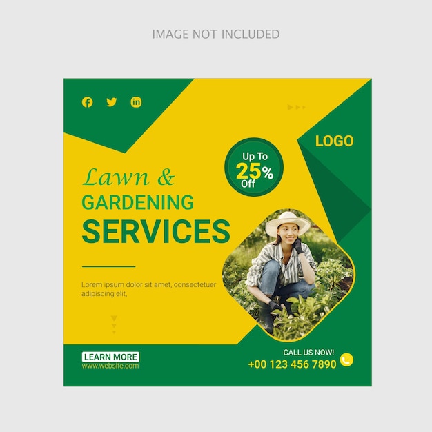 Vecteur service de jardinage de pelouse modèle de conception de message sur les médias sociaux avec couleur verte