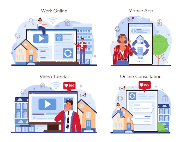 Service En Ligne D'agence Immobilière Ou Ensemble De Plateformes. Service D'agent Immobilier Qualifié. échange De Maison Et D'appartement. Travail En Ligne, Consultation, Tutoriel Vidéo, Application Mobile. Illustration Vectorielle Plane