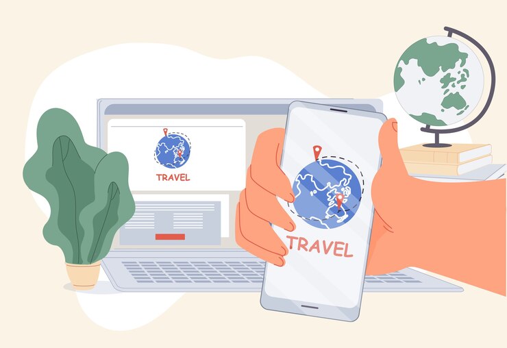 Service en ligne d'application mobile d'agence de voyages de confort. Technologie de réservation pour commander le meilleur tour sur Internet. Main de l'utilisateur tenant le smartphone devant l'ordinateur. Tourisme, voyage dans le monde. Le marketing numérique
