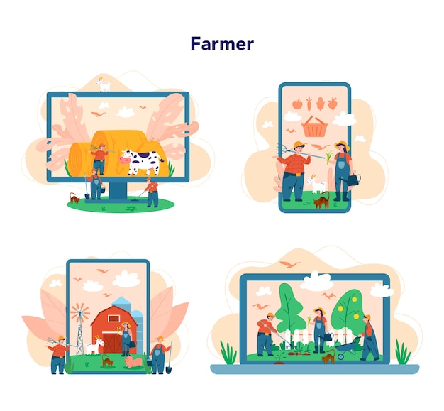 Vecteur service en ligne ou plate-forme d'agriculteur sur un ensemble de concepts d'appareils différents. les agriculteurs travaillant sur le terrain. vue sur la campagne d'été, concept de l'agriculture.