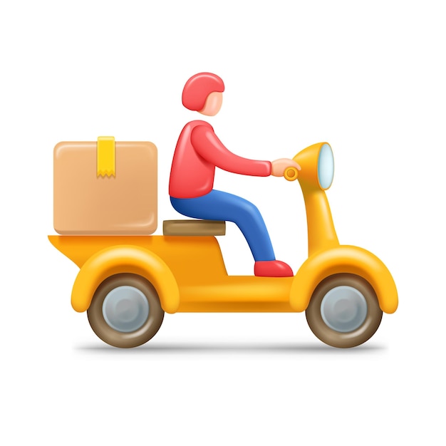 Vecteur service de livraison de courrier en ligne en 3d le courrier conduit une moto ou un scooter avec la boîte et le colis illustration vectorielle isolée sur fond blanc