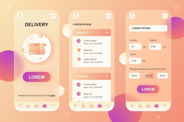 Service de livraison kit d'éléments neumorphiques de conception en verre pour application mobile UI UX GUI ensemble d'écrans