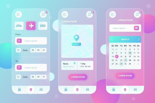 Service de livraison kit d'éléments neumorphiques de conception en verre pour application mobile UI UX GUI ensemble d'écrans