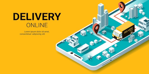 Service de livraison en ligne sur smartphone Logistique intelligente Commande en ligne Logistique urbaine Entrepôt de camions et boîte à colis Concept pour site Web ou bannière Illustration vectorielle isométrique