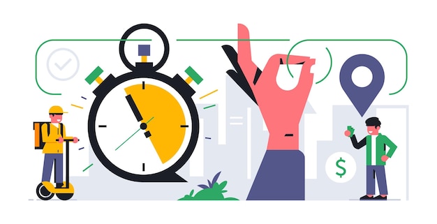 Service de livraison de nourriture en ligne à votre domicile Le coursier suit l'itinéraire pour commander la livraison de nourriture Main et symbole ok argent scooter électrique chronomètre de messagerie Illustration vectorielle