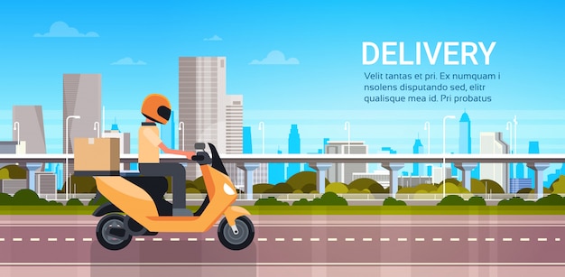 Service De Livraison, Scooter Ou Moto D'équitation D'homme-courrier Avec Colis Sur Un Paysage Urbain Moderne